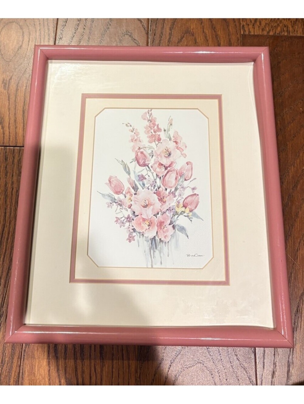 Vintage framed and matted watercolor-style floral print titled Cottagecore